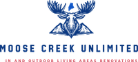 Logo of a moose with antlers, state outline, and mountains above the text "Moose Creek Unlimited" with renovation details.