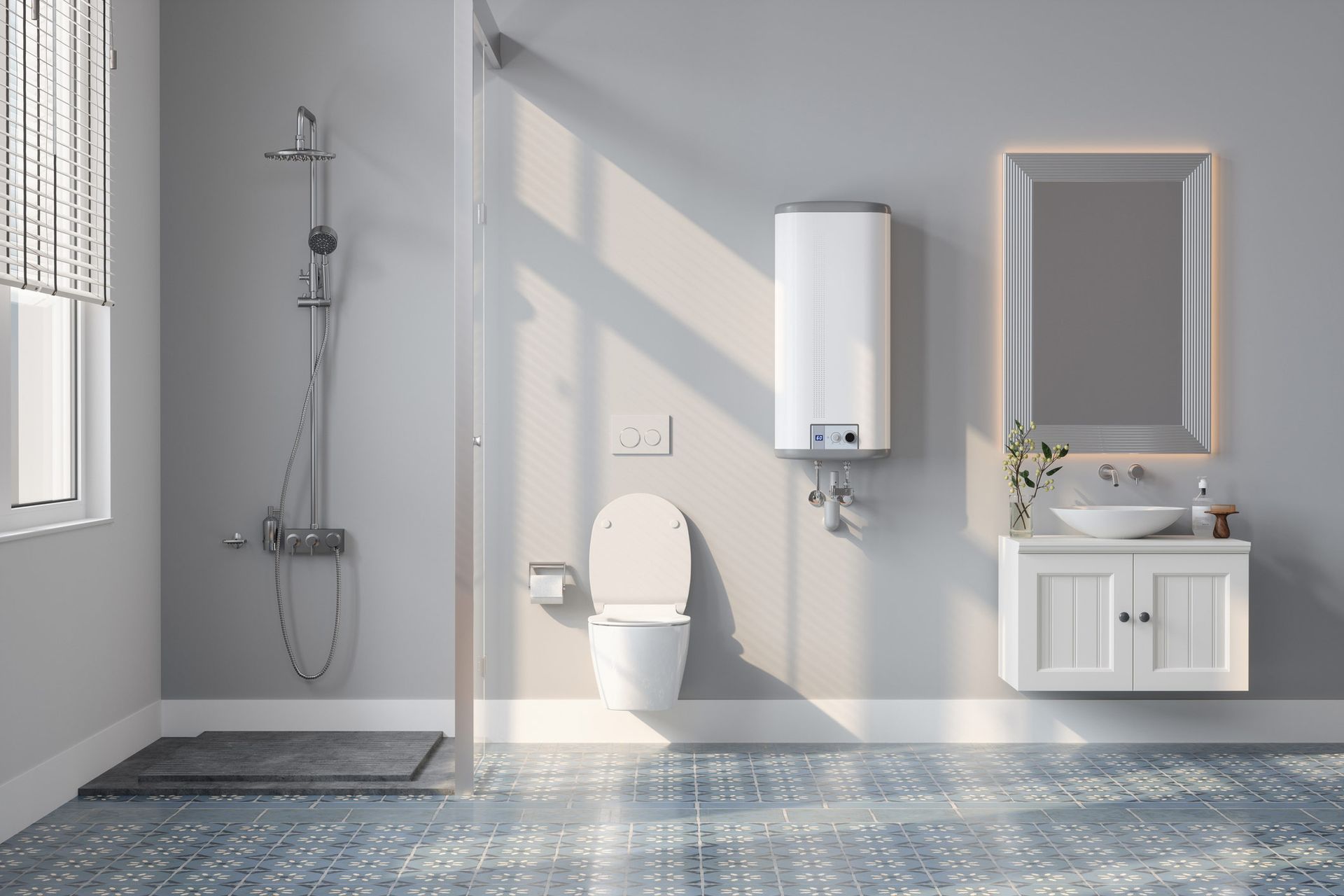 Stylish bathroom in Woodbury, MN, showcasing white walls and blue tiles. Water Heater Services provi