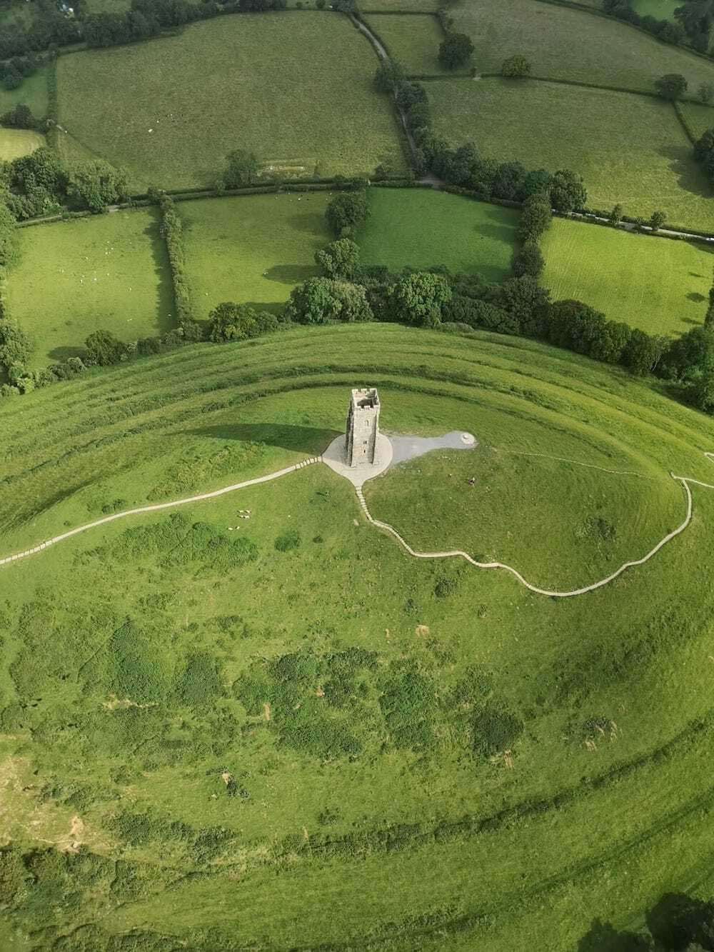 Aerial view of Glastonbury Tor