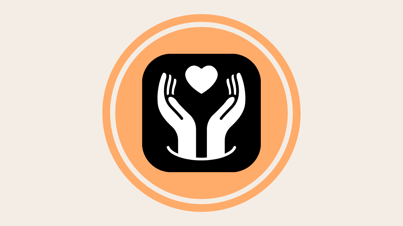 Hands cupping a heart symbol within a black square, set inside an orange circle.