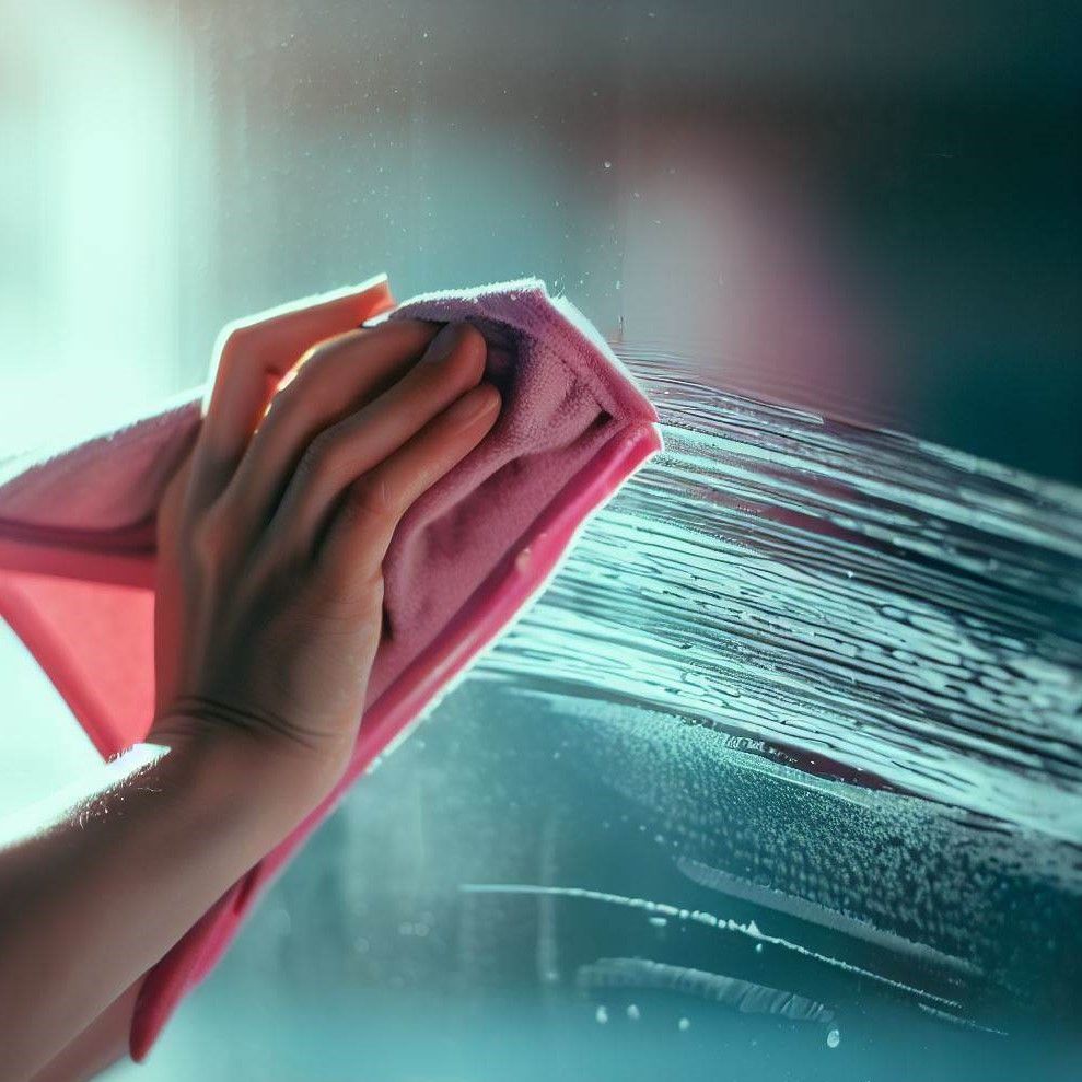 A person is cleaning a window with a pink cloth
