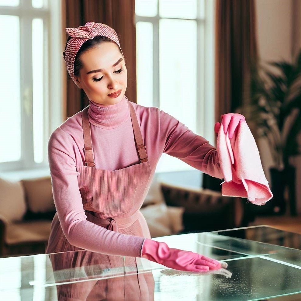 A woman in a pink apron and pink gloves is cleaning a glass table.