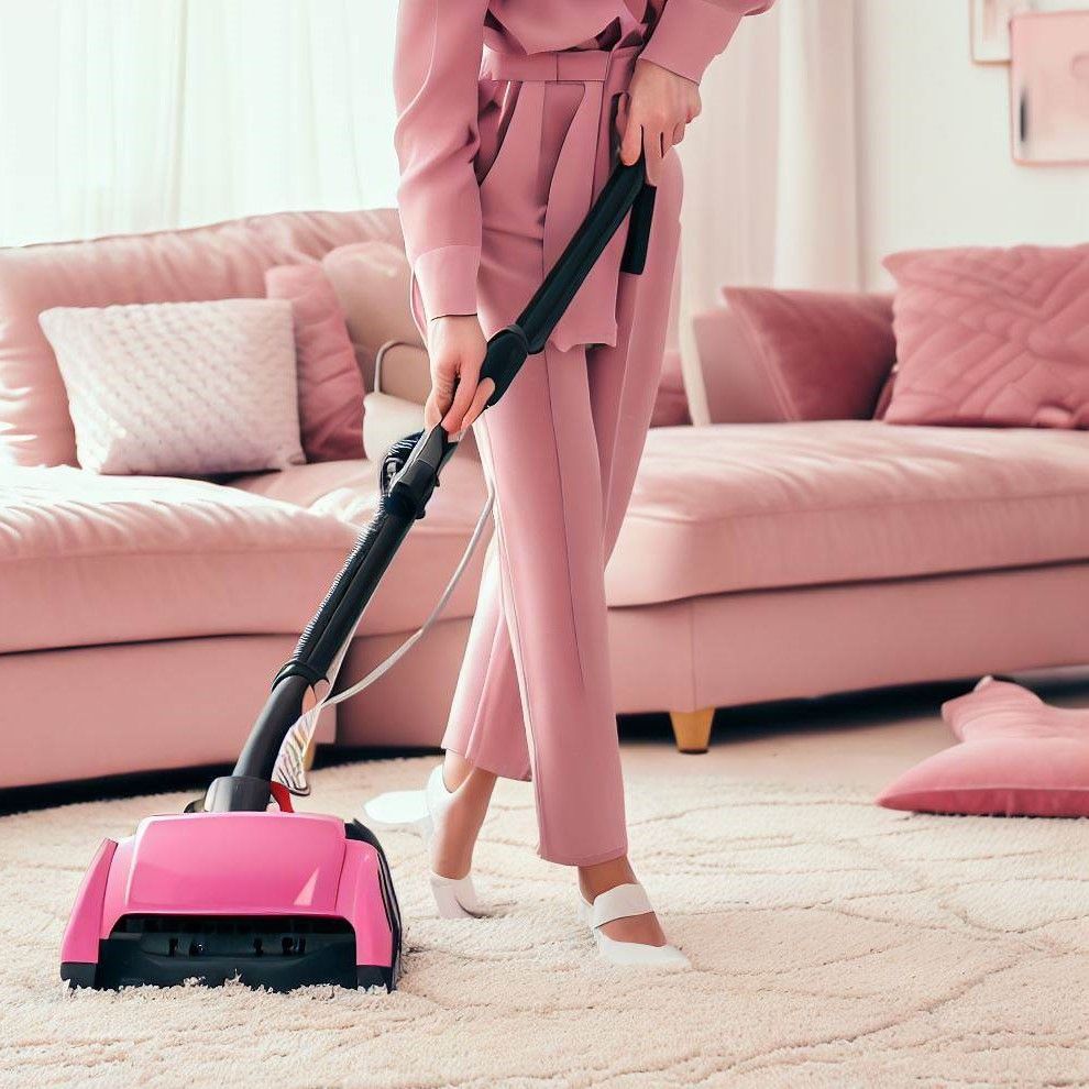 A woman in a pink suit is using a pink vacuum cleaner in a living room.