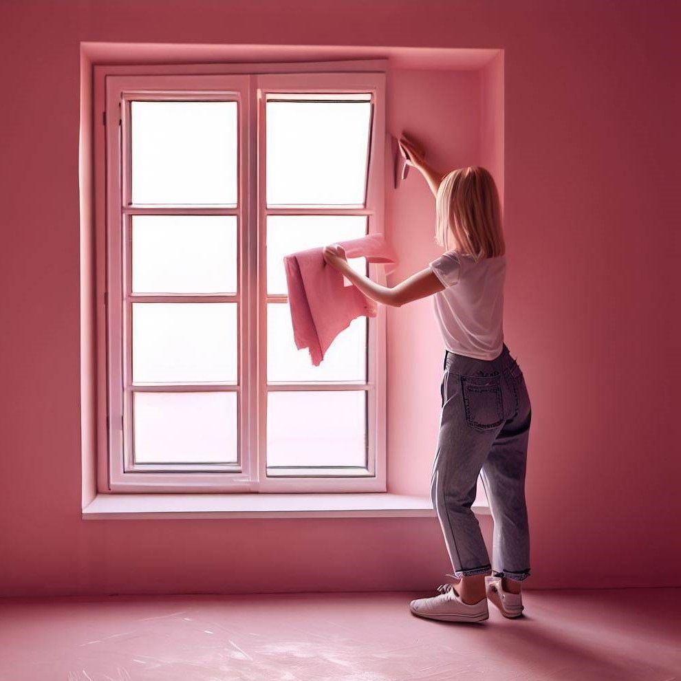 A woman is cleaning a window in a pink room
