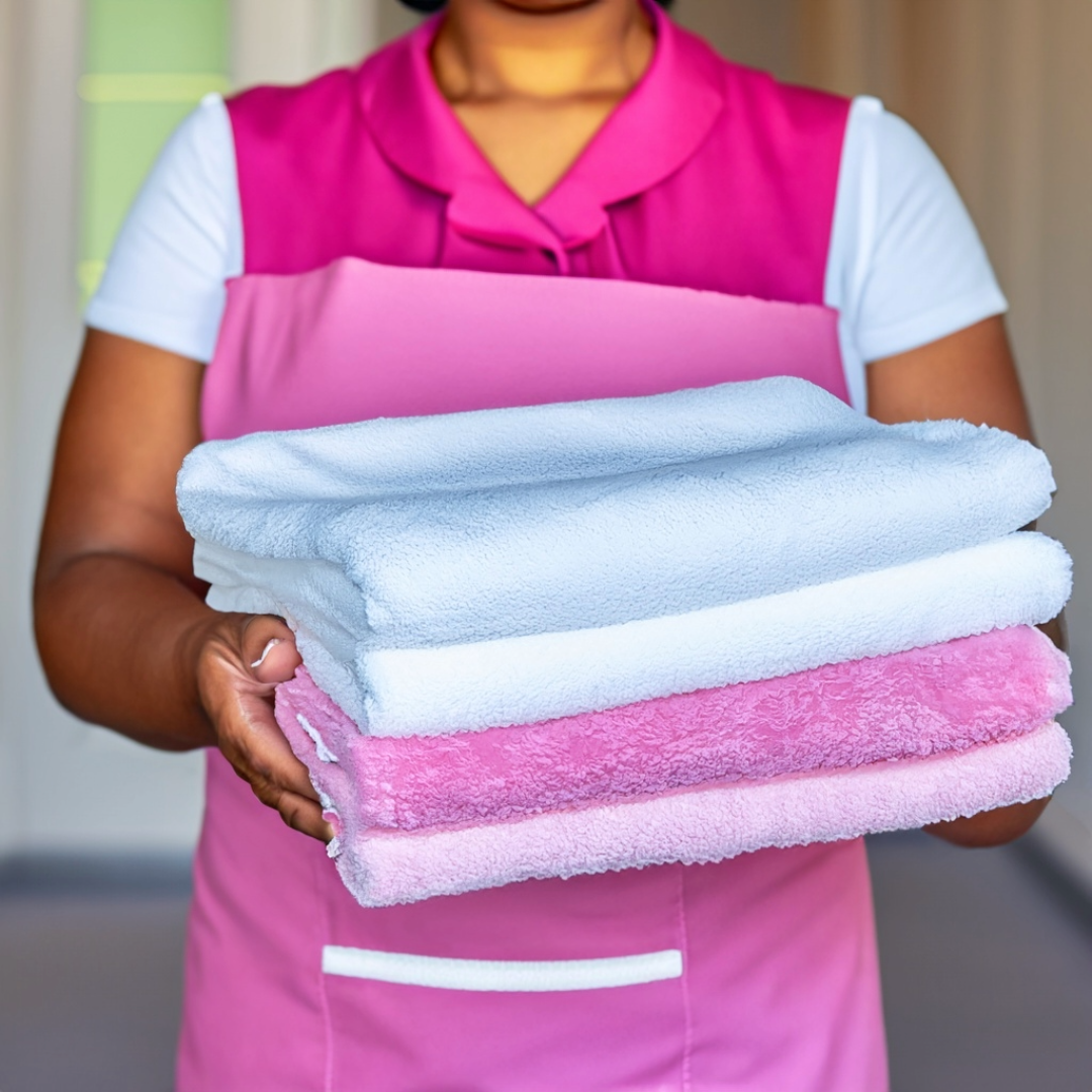 A woman in a pink apron is holding a stack of towels