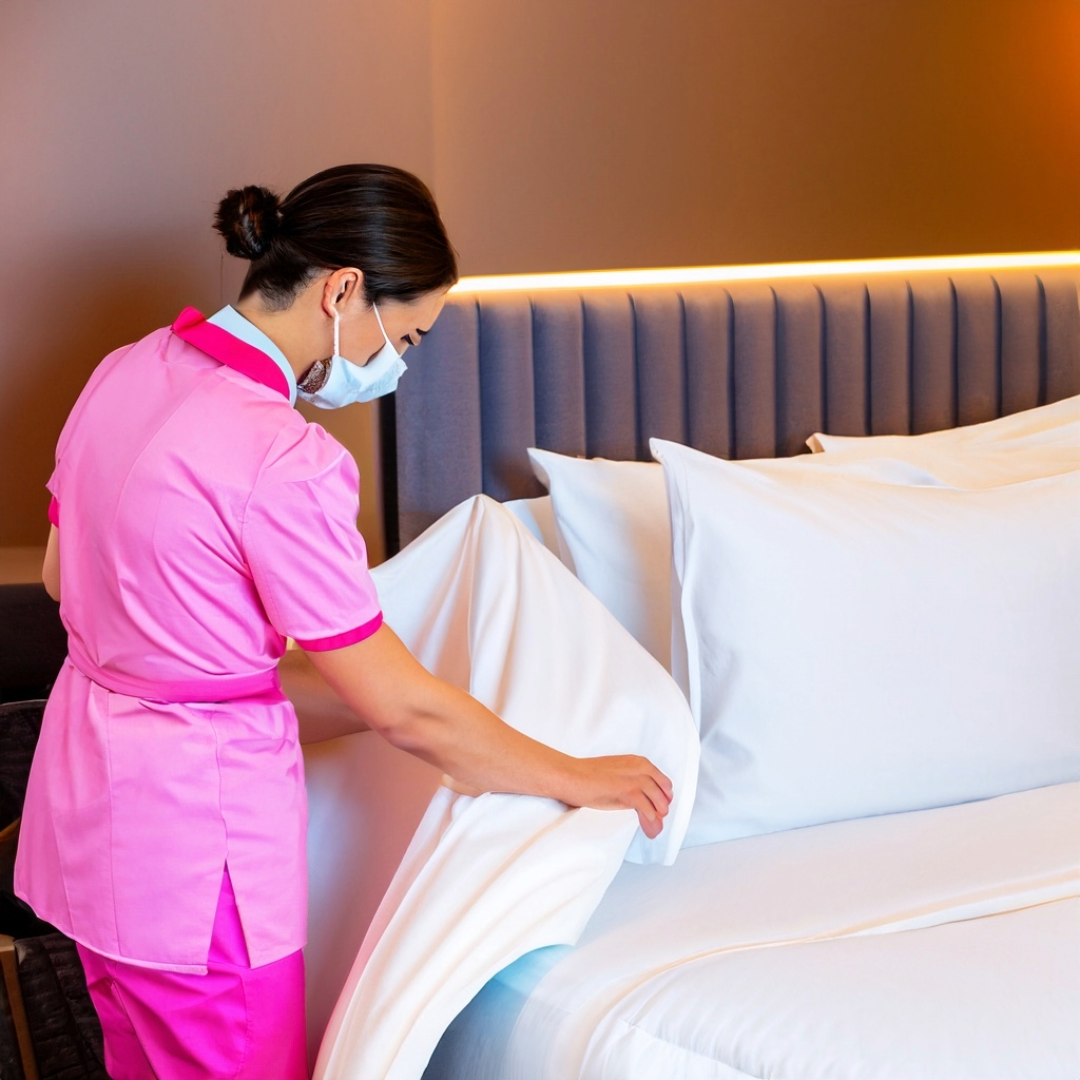 A woman wearing a mask is making a bed in a hotel room