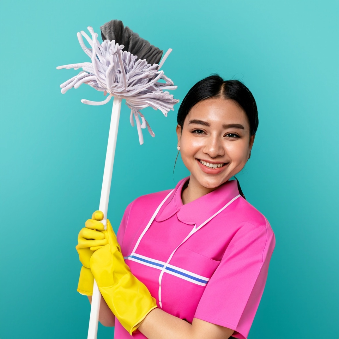 A woman in a pink uniform and yellow gloves is holding a mop.