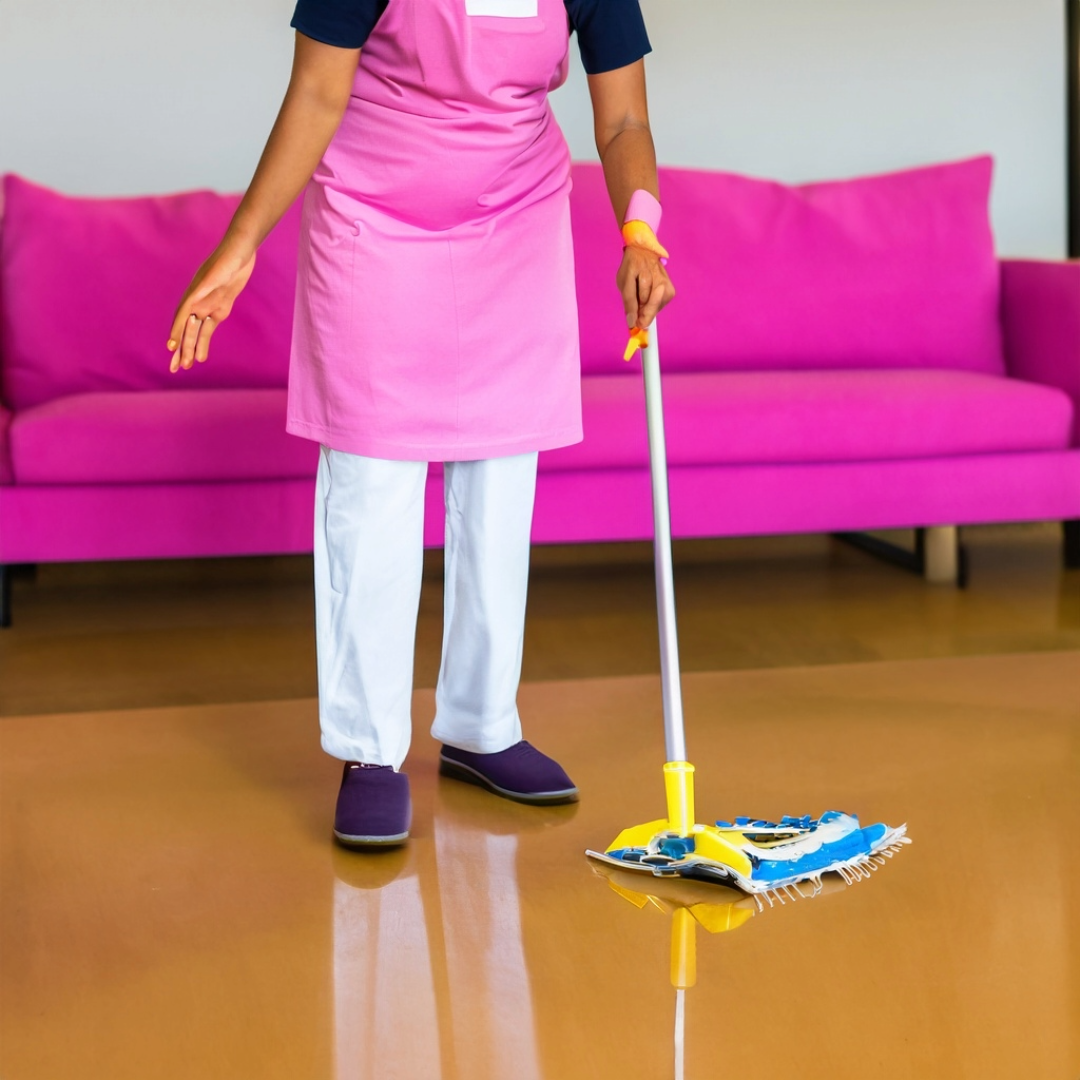 A woman in a pink apron is mopping the floor in front of a pink couch