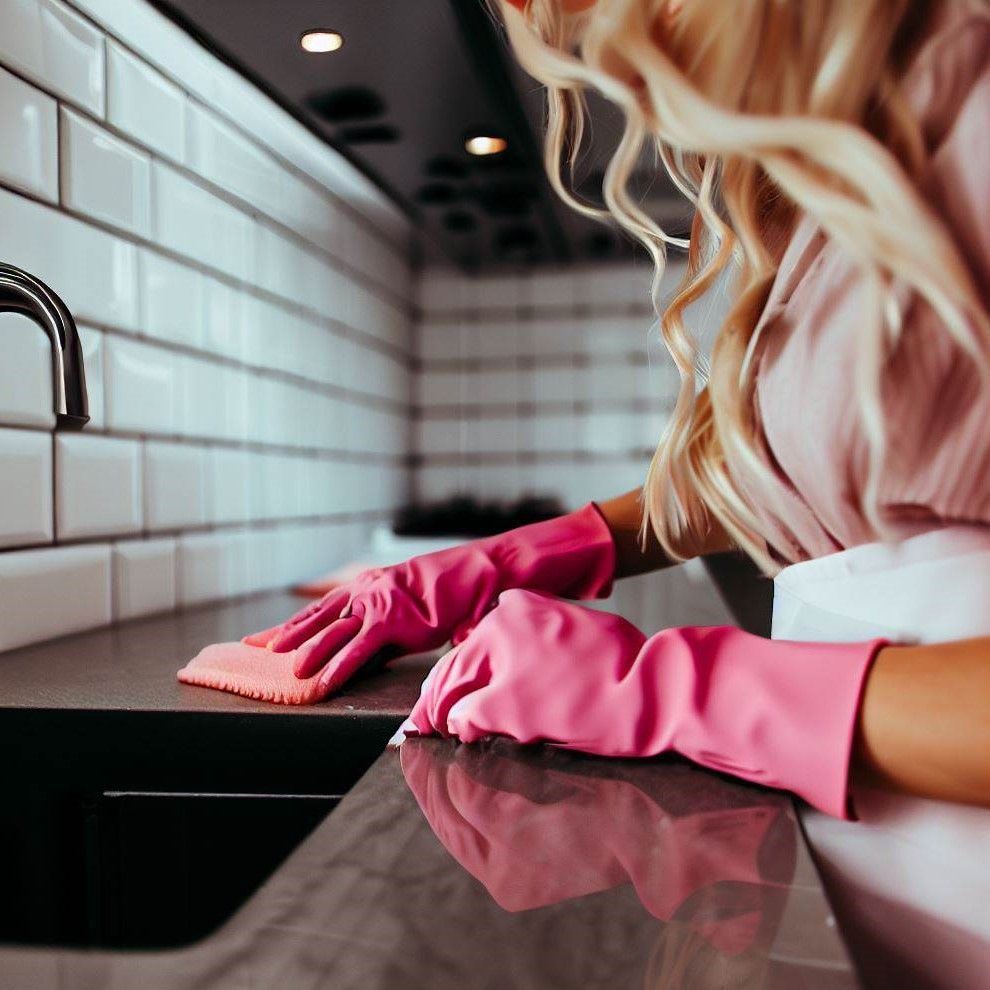 A woman wearing pink gloves is cleaning a counter in a kitchen.