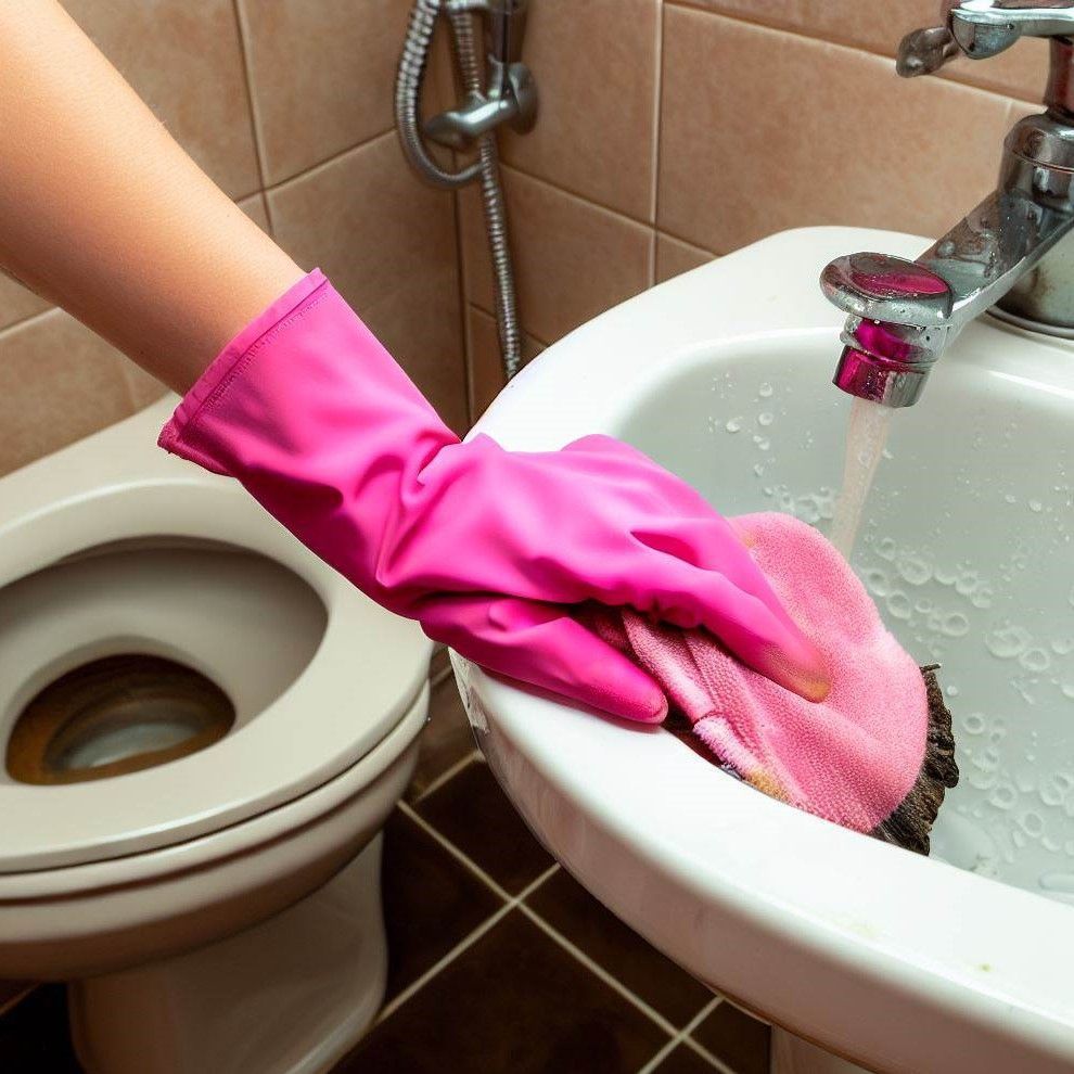 A person wearing pink gloves is cleaning a toilet