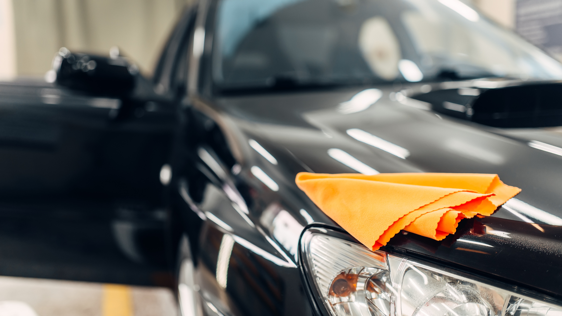 Black car being polished with an orange microfiber cloth. The car's door is open in a garage-like setting.