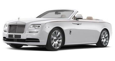 A white Rolls Royce Dawn convertible is shown on a white background.