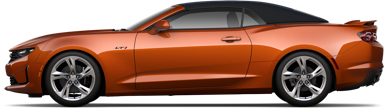 An orange sports car with a black roof on a white background.
