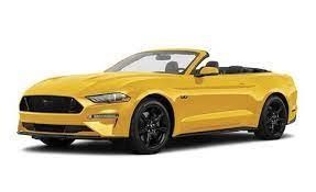 A yellow Ford Mustang convertible on a white background.