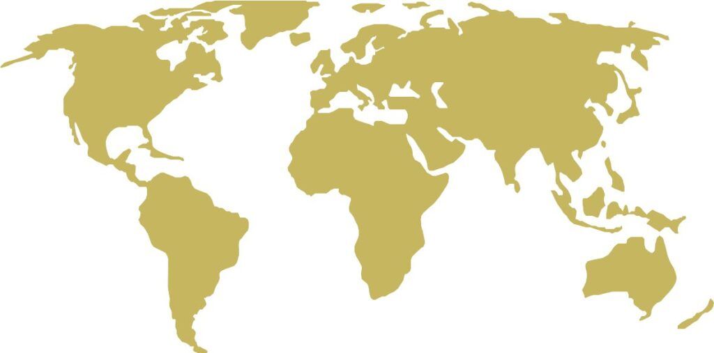 A gold and white map of the world on a white background.