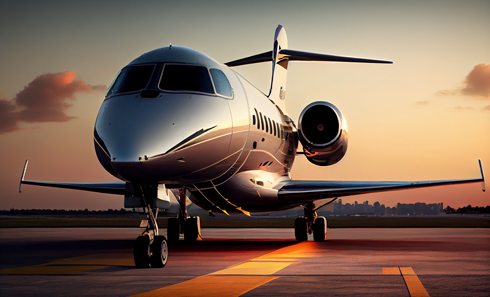 A private jet is parked on a runway at sunset.