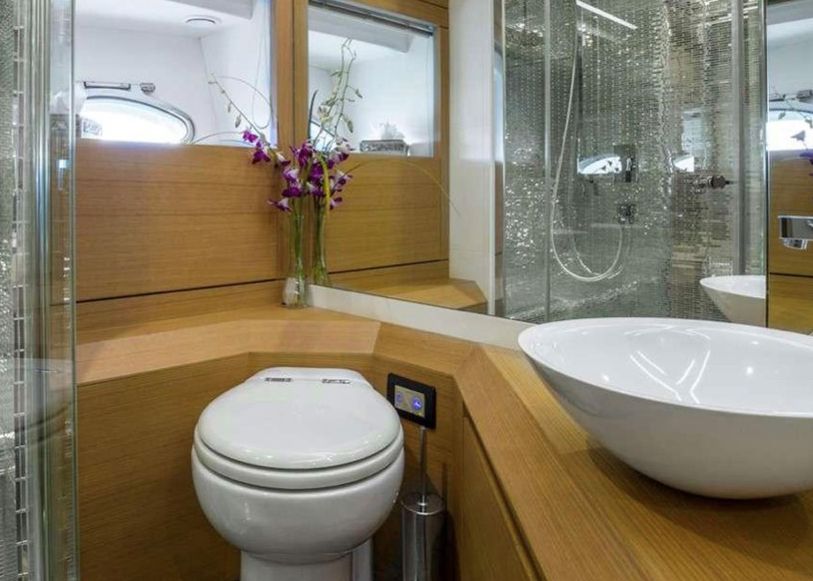 A bathroom on a boat with a toilet, sink and shower.