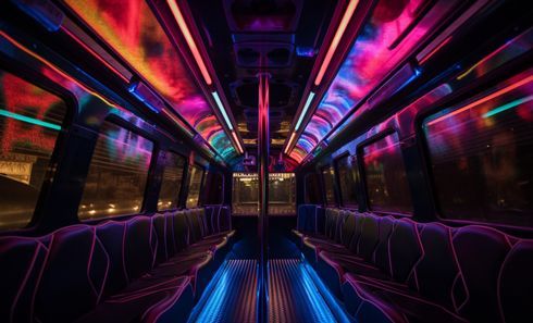 The inside of a bus is lit up with neon lights.