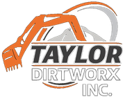 Logo for Taylor Dirtworx Inc. featuring an orange excavator arm silhouette over black text and a grey mountain graphic.