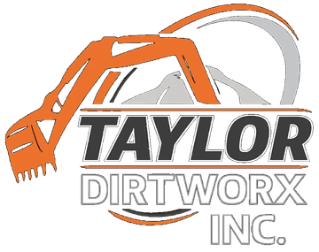 Logo for Taylor Dirtworx Inc. featuring an orange excavator arm silhouette over black text and a grey mountain graphic.