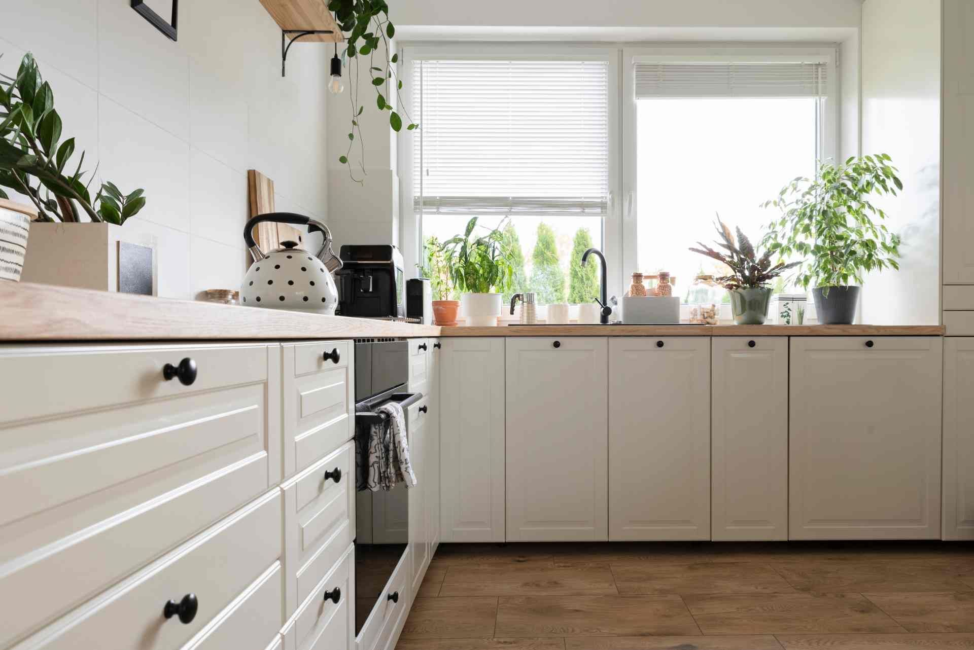 Modern kitchen with kitchen window blinds near Toledo, OH.