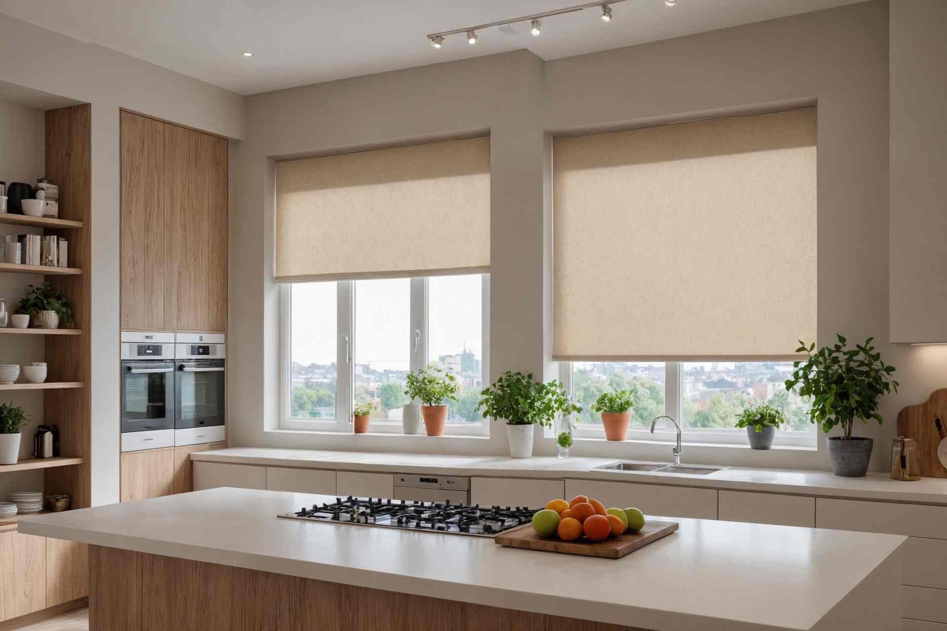 Motorized shades hanging in the window of a modern kitchen near Toledo, OH