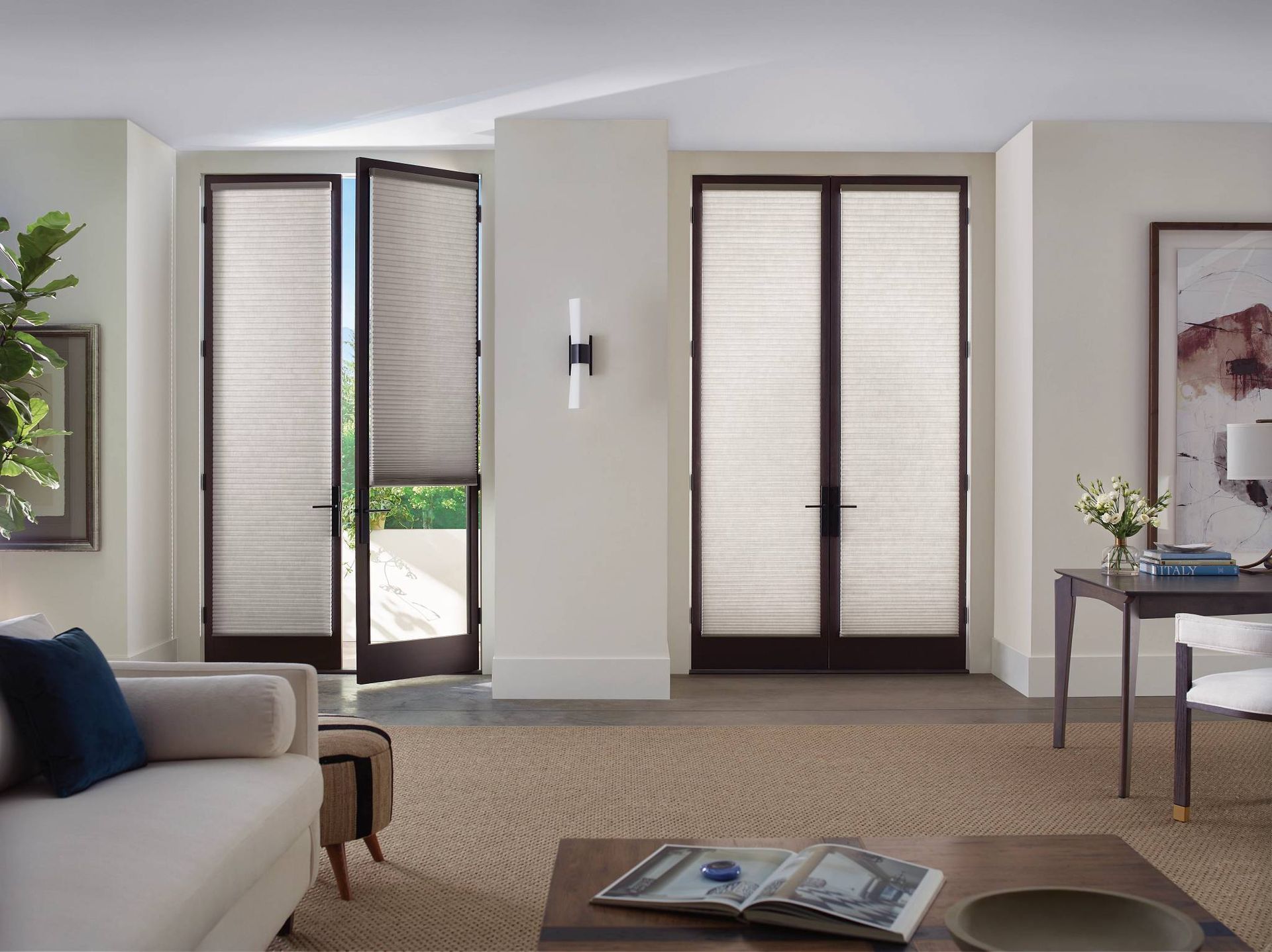 Hunter Douglas vertical cellular shades covering a set of French doors near Toledo, OH
