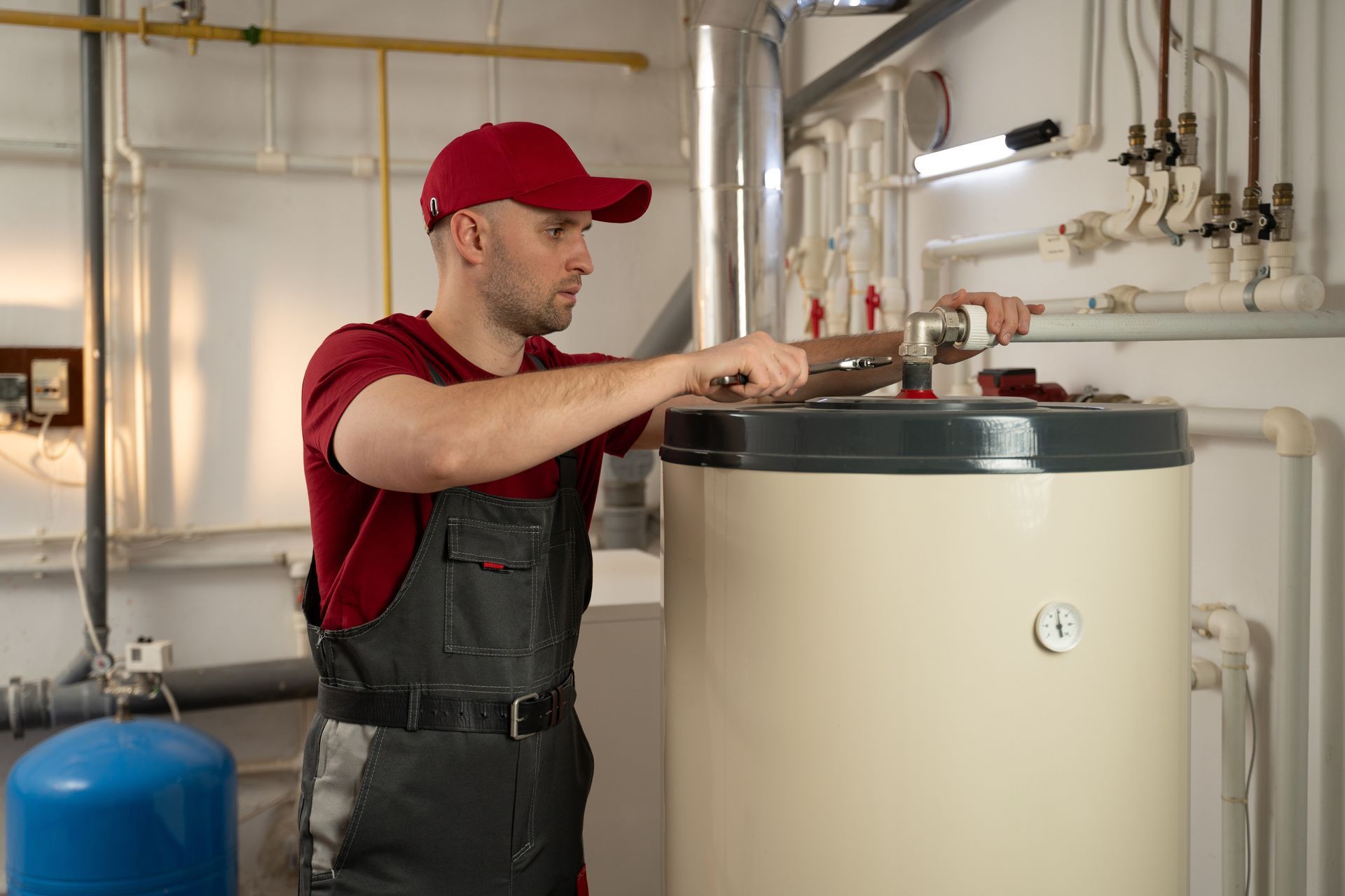 A man is working on a water heater in a boiler room.