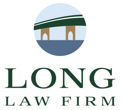 Logo for John R. Long II, Attorney at Law: gold column, feather, and green text.