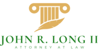 Logo for John R. Long II, Attorney at Law: gold column, feather, and green text.