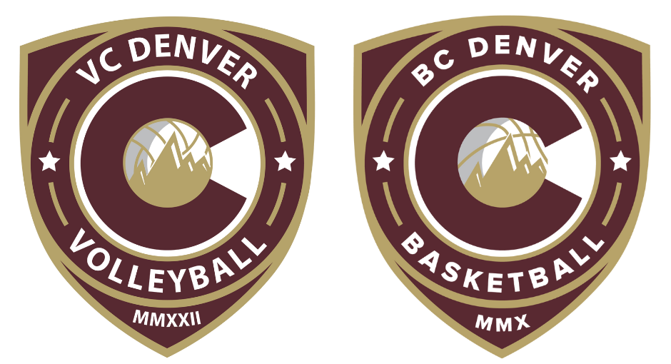 Two team logos: VC Denver Volleyball and BC Denver Basketball. Both have a Colorado