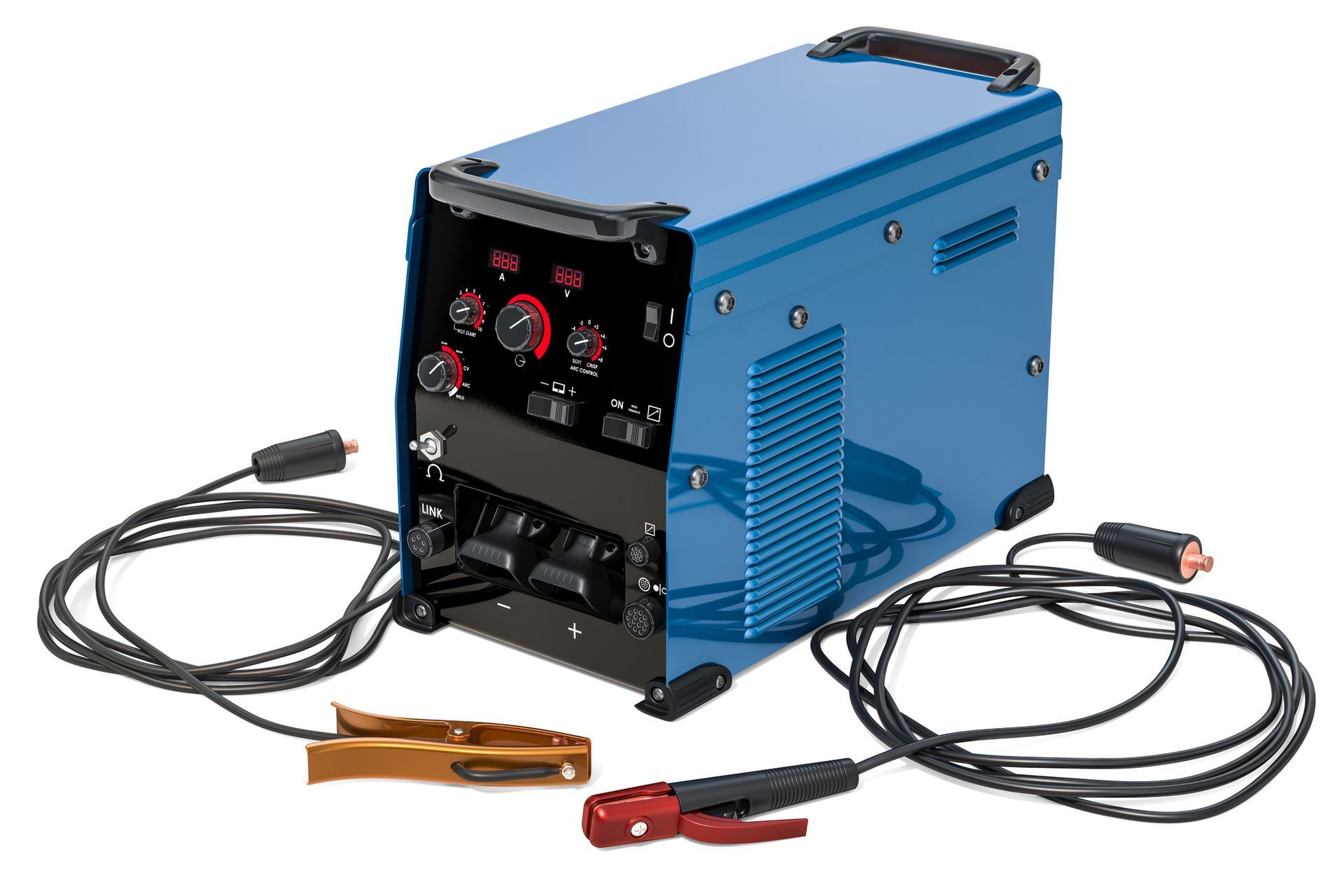Blue welding machine with black control panel, cables, and clamps.