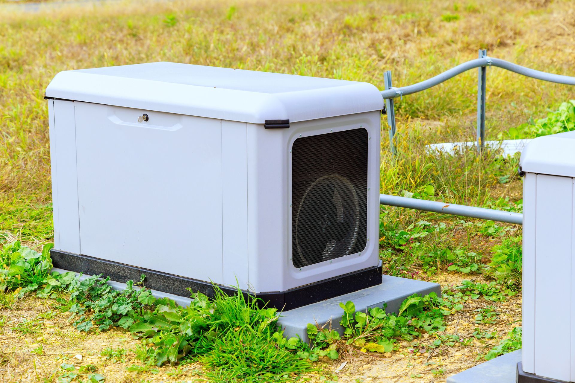 A white, rectangular generator with a screened vent, set on a concrete pad outdoors, near greenery.