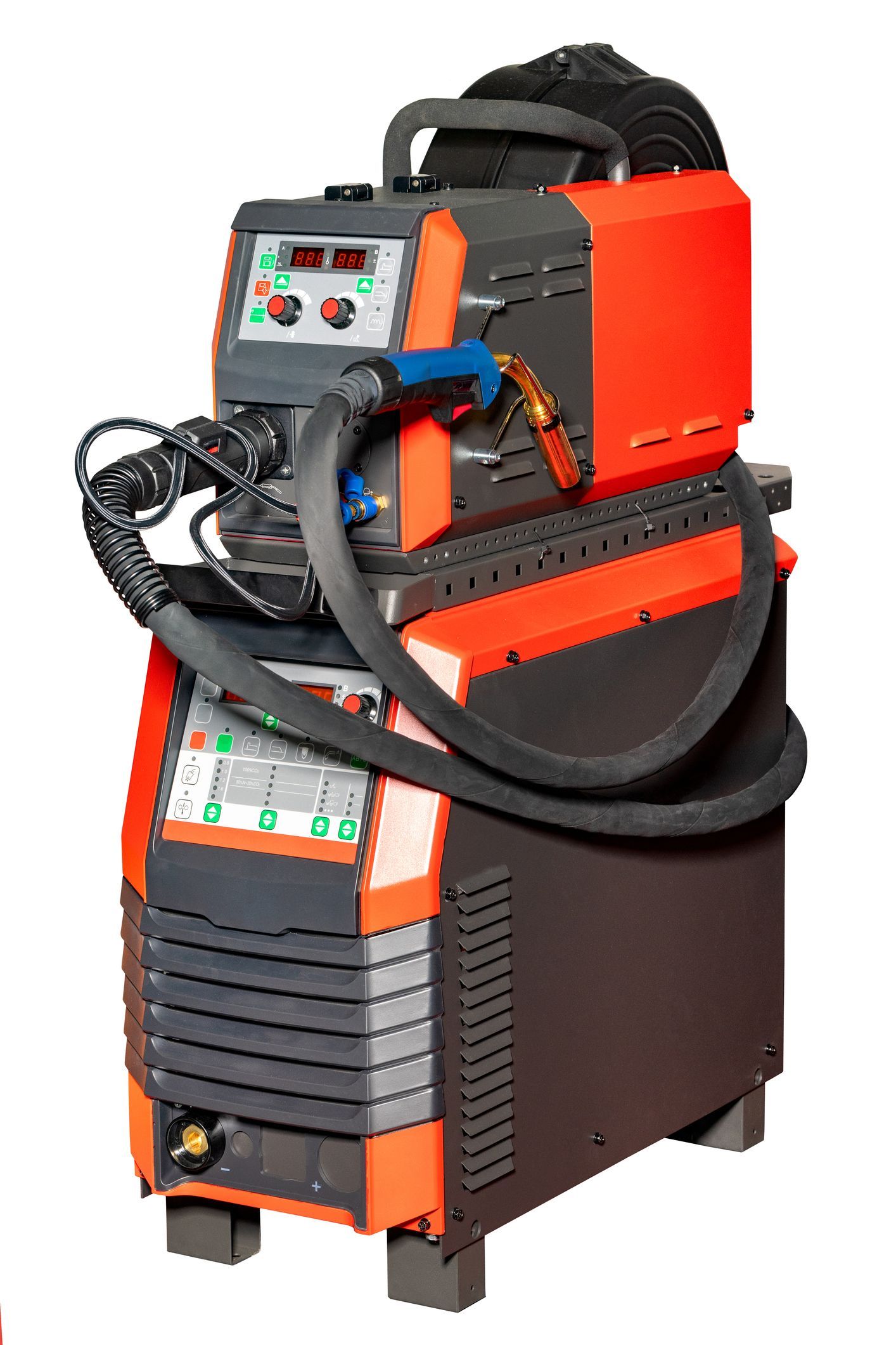 Orange and black welding machine with a MIG gun and digital display.