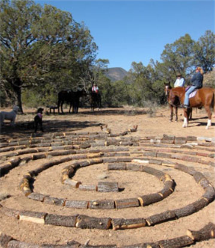 people riding horses in a labyrinth made of logs