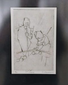 Etching of two people playing pool. One stands, the other leans over the table.