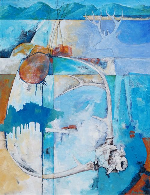 A painting of a deer skull on a blue background