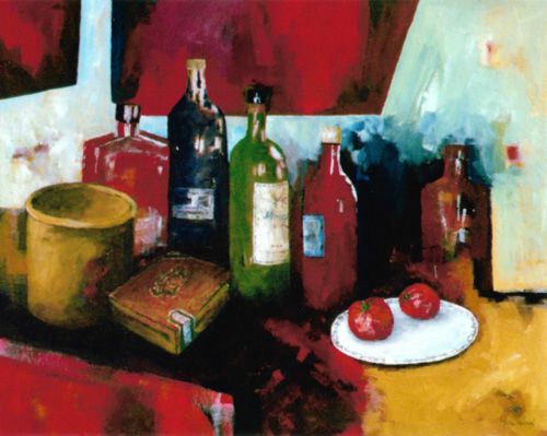 A painting of bottles and tomatoes on a table