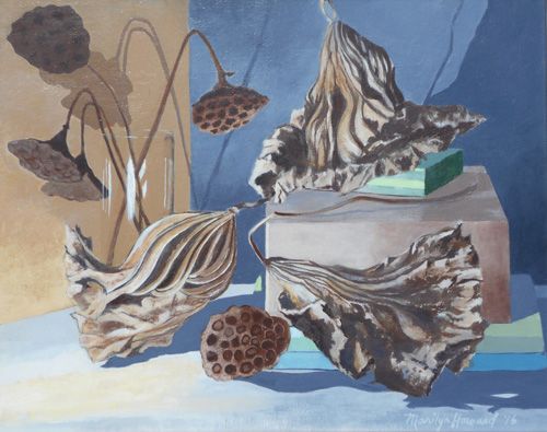 A painting of dried flowers and leaves on a table