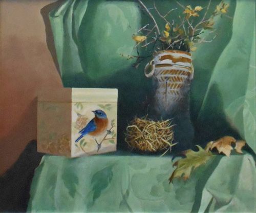 A painting of a bird on a box next to a vase of flowers