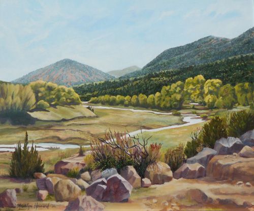 A painting of a river surrounded by mountains and rocks