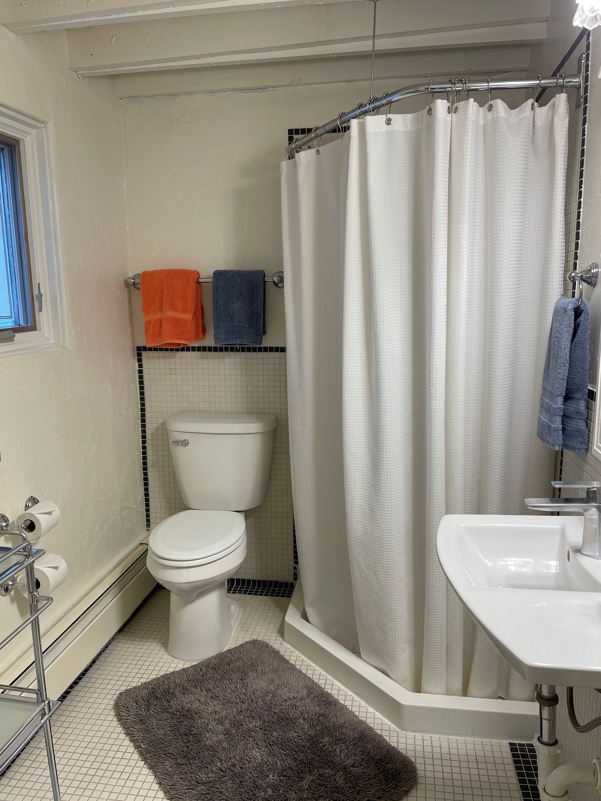 A bathroom with a toilet , sink and shower.