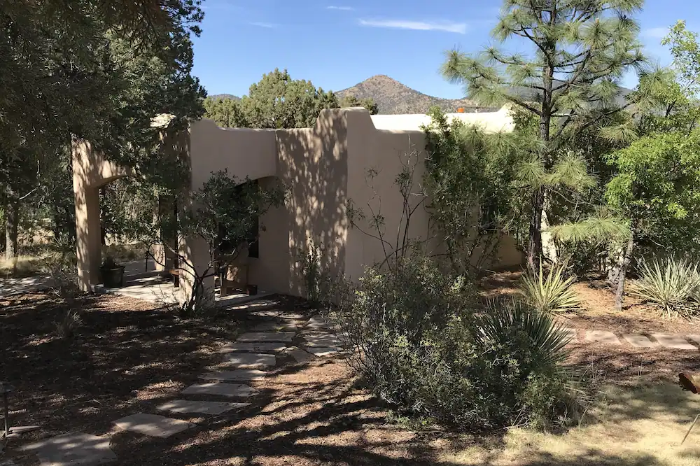 a house in the middle of a forest with a mountain in the background