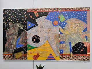 Abstract painting triptych: geometric shapes, vibrant colors on black and white backgrounds.