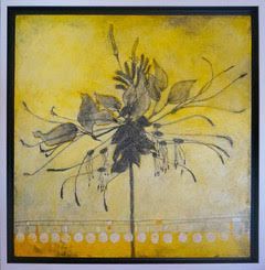 Abstract floral art in black against a yellow background.