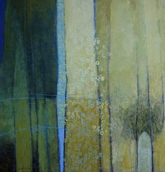 Abstract painting with vertical lines in shades of green, blue, and yellow with scattered white circles.