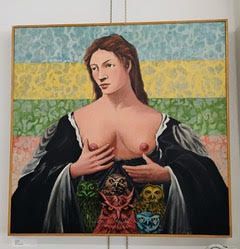 Woman in black dress, hands on chest, with owls emerging from her torso, against striped background.