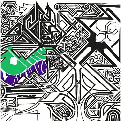 A black and white drawing of a maze with a green eye in the middle.