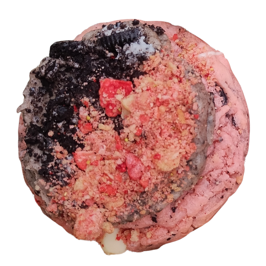 Pink cookie topped with Oreo, red sprinkles.