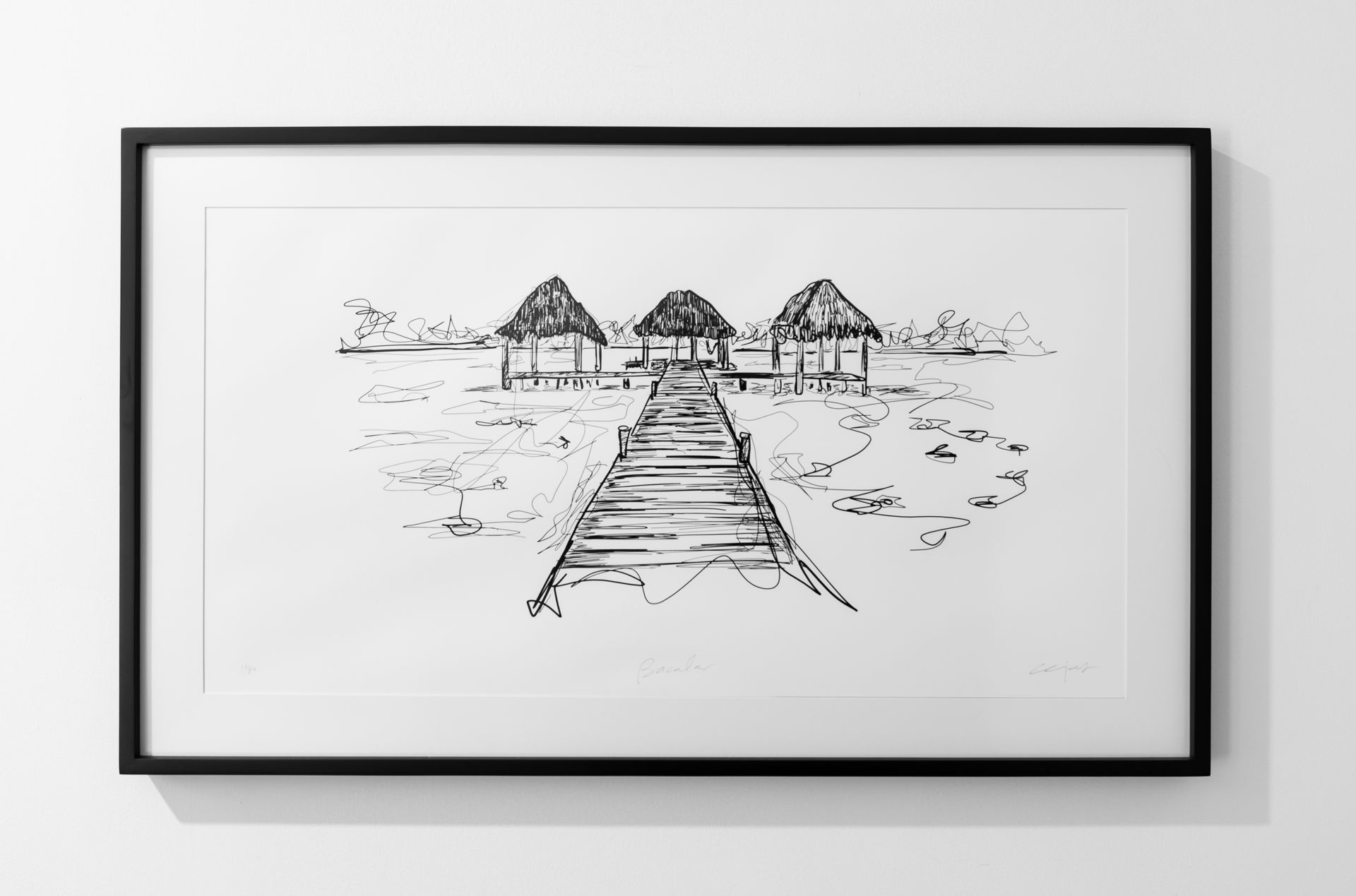 A black and white drawing of a dock with thatched huts on it.
